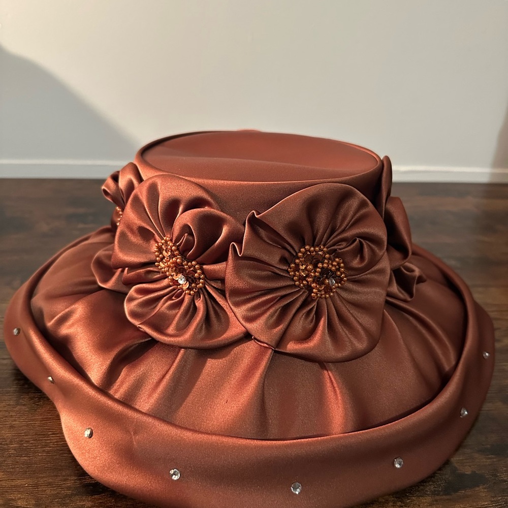 Brown/Copper Wide Brim Kentucky Derby Church Hat With Flower Embellishments